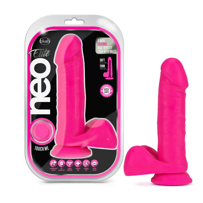 Neo Elite 8 Silicone Dual Density Cock W Balls Neon Pink quot Blush Novelties Dildos