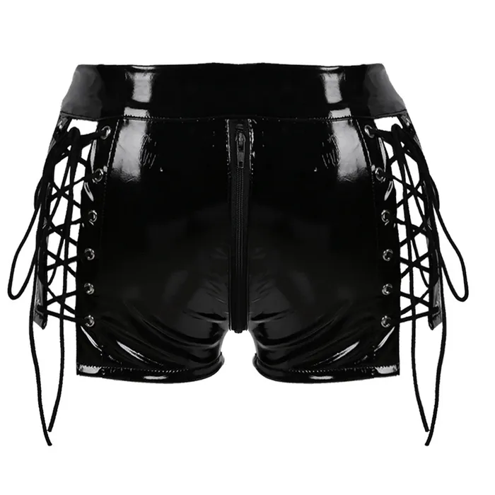 Male Sex Toys Wetlook Laceup ZipCrotch Booty Shorts Womens Sexy Apparel EVEs SECRETS